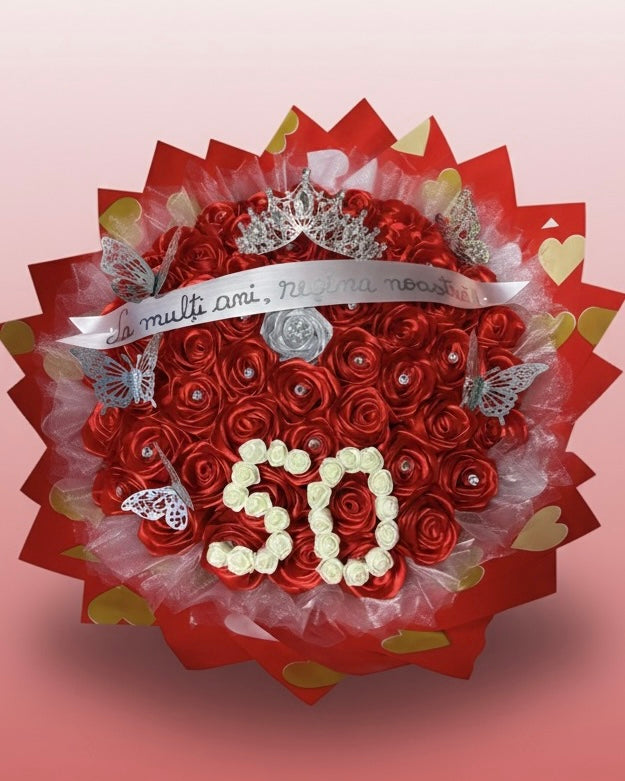 👑 „BUCHETUL ANIVERSAR REGAL”IN 2 CULORI DE SATIN 🎂